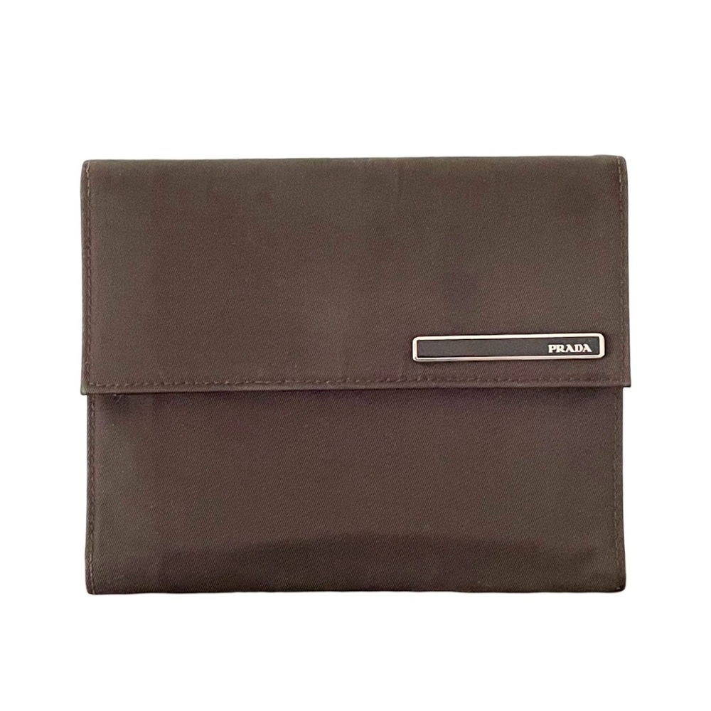Prada brown nylon enamel logo trifold wallet